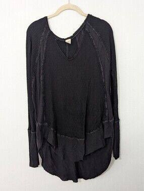 Free People Catalina Thermal Top Waffle Knit Long Sleeve V Neck Black Medium M